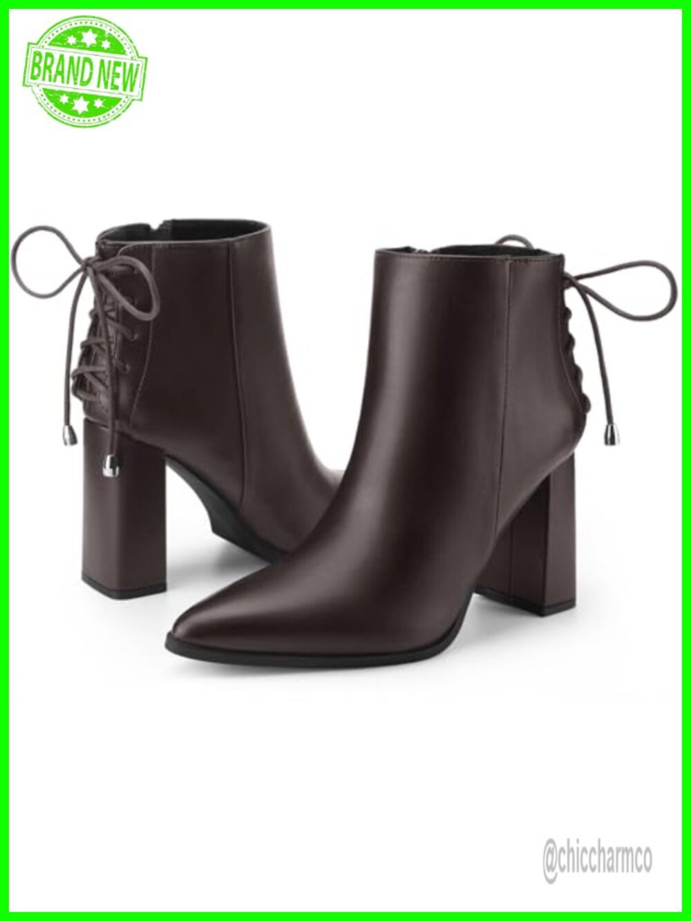 Faux Leather Pointed Toe Back Lace Up Chunky Heel Ankle Boots
